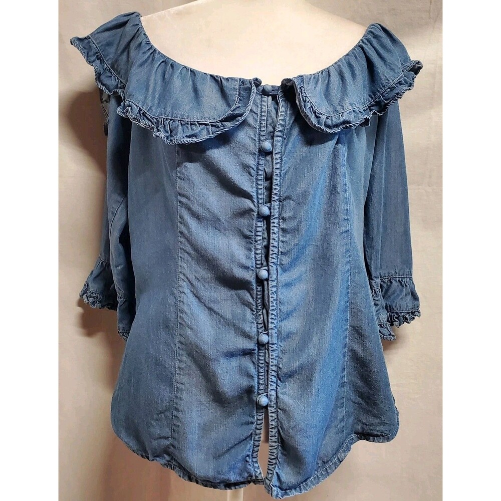 Boston Proper Blue Chambray Ruffle Sleeve Button Front off shoulder denim Top M
